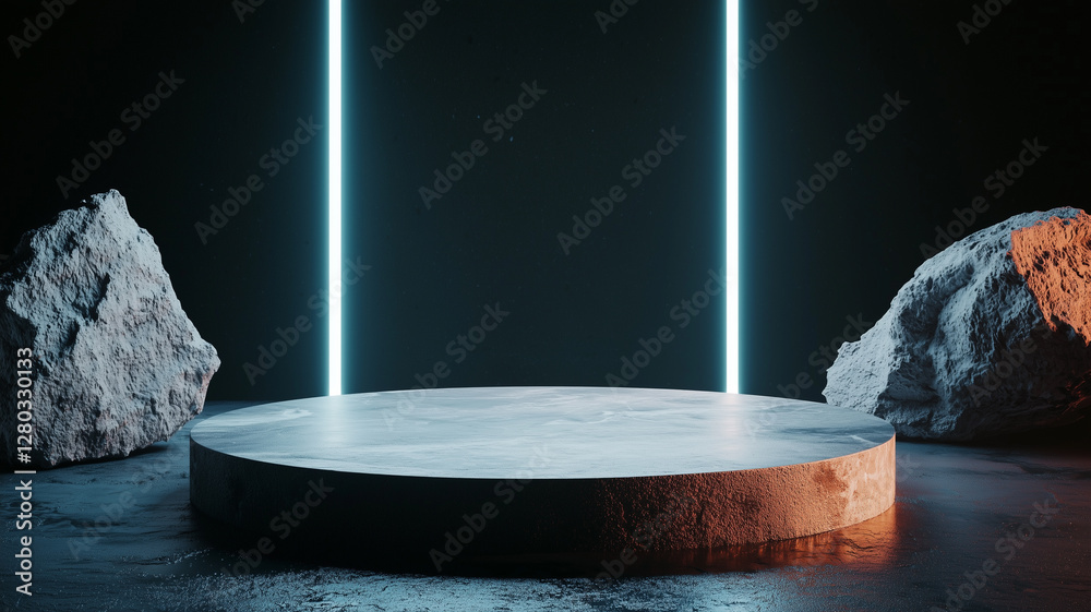 Aufkleber minimal dark tone background with futuristic abstract platform and rocks