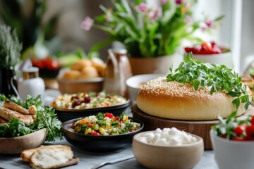 Festive orthodox easter celebration with traditional bread and fresh spring decorations