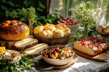 Festive orthodox feast with traditional bread and fresh salad display