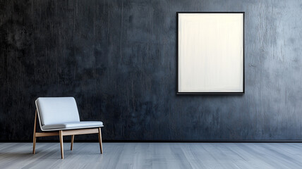 Minimalist room with chair and blank framed canvas on dark wall