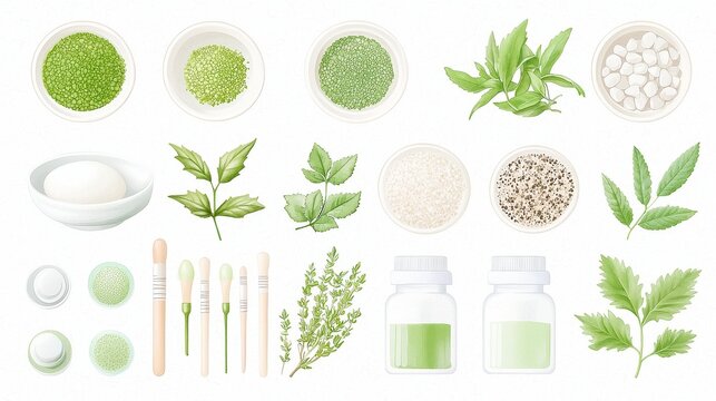 Japanese Herbal Medicine Art, intricate sumi-e and watercolor illustrations showcasing traditional Kampo herbs and remedies, elegantly presented on a clean white background.