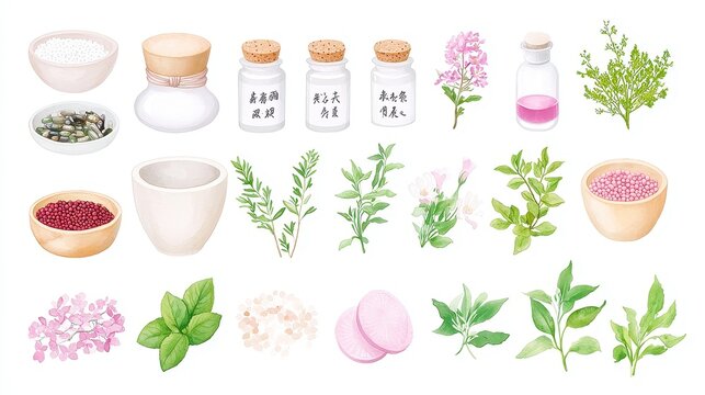 Japanese Herbal Medicine Art, intricate sumi-e and watercolor illustrations of traditional Kampo herbs and remedies, featuring detailed depictions on a clean white background.