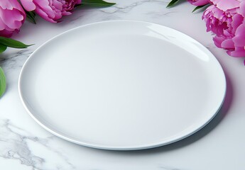Elegant Round White Plate Surrounded By Purple Peonies On Marble Table Top