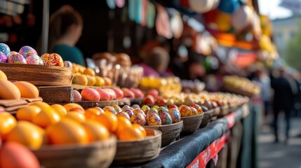 Vibrant easter market with colorful orthodox eggs displayed in baskets