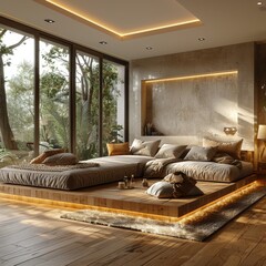 Salón elevado sobre una tarima de madera con sofá enorme en color marrón. Diseño moderno y minimalista. Casa de lujo con ventanales con vistas al bosque. Vivienda particular de lujo. 