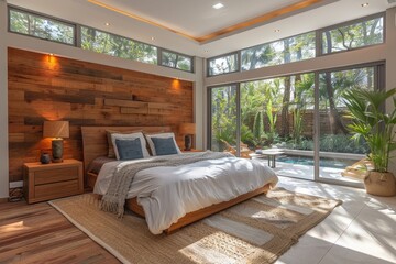 Habitación de lujo con ventanales grandes que dan a la piscina exterior particular. Cama de matrimonio sobre alfombra y paredes de listones de madera. Vivienda de lujo con patio exterior. 