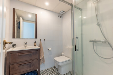 an image of a simple bathroom with standing shower and wooden cabinet in holiday apartment 