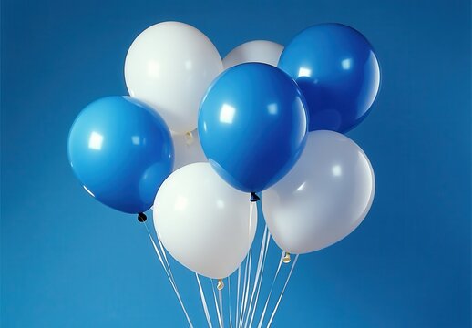 Colorful blue and white balloons on strings floating against a bright blue background perfect for festive celebrations and cheerful decorations in various events