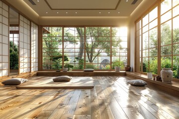 Habitación grande y luminosa con las ventanas estilo japonés por donde entra mucha luz. Zona de la casa ideal para meditar, hacer ejercicio o yoga con suelo de parquet. Diseño oriental.