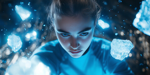 woman with intense focus surrounded by glowing blue crystals
