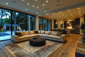 Sal&oacute;n con cocina en un mismo espacio en la casa. Salida al jard&iacute;n con piscina, vivienda de lujo. 