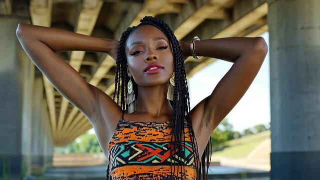 Dancing under the bridge, an African American woman expresses joy through movement and twerking, African American woman with braids twerking and dancing under a bridge,