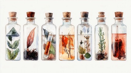 Whimsical Potion Bottles with Herbal Ingredients, intricate watercolor sketches showcasing delicate potion bottles filled with healing herbs, vibrant colors, isolated on white background.