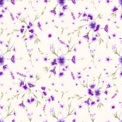 Seamless Purple Flower Pattern with Leaves on White Background