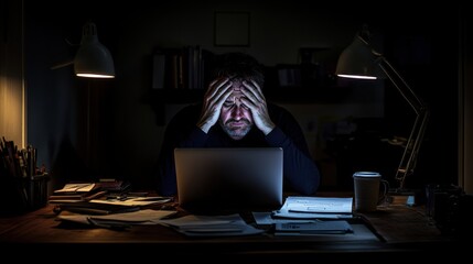Worried user sitting at a desk with hands on their face, overwhelmed. Featuring mental exhaustion and emotional strain