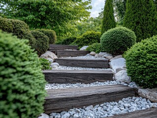 Winding wooden steps through landscaped garden