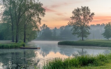 Fototapeta premium Peaceful Morning Haze over a Serene Lake