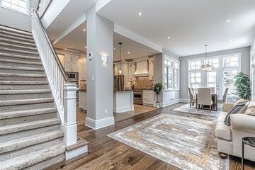 Cocina con sal&oacute;n en una casa grande con las escaleras que suben al segundo piso. Casa de lujo en colores blancos y material madera. Estilo minimalista. 