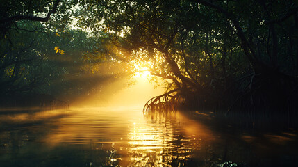 Sunrise over serene mangrove river nature landscape tranquil environment peaceful viewpoint natural beauty