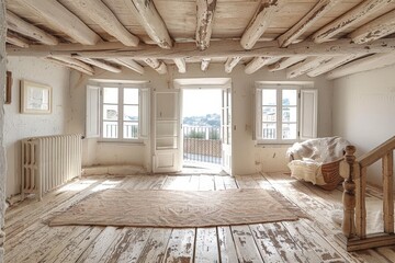 Habitación con pocos muebles lista para ser decorada. Vigas de madera en el techo del futuro salón. 