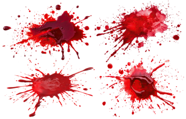 Set of red blood splatters with dynamic drops, isolated on transparent cutout background