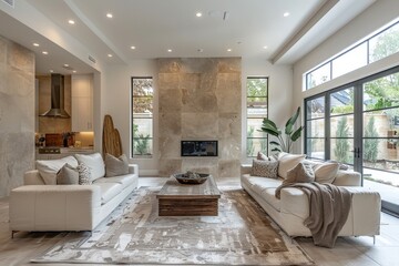 Salón con cocina en un mismo espacio. Dos sofás blancos con cojines y una chimenea en el fondo del salón. Colores beige y blancos.