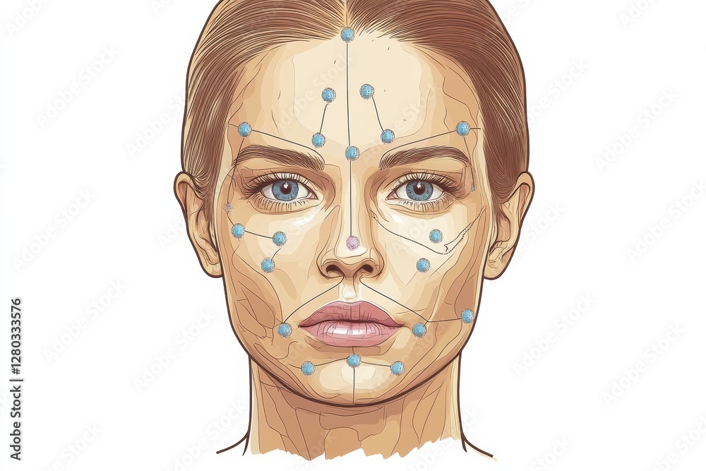 Poster medical illustration of female face showing precise botox injection points and detailed anatomical f