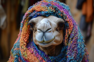 Camel wearing colorful shawl, close-up