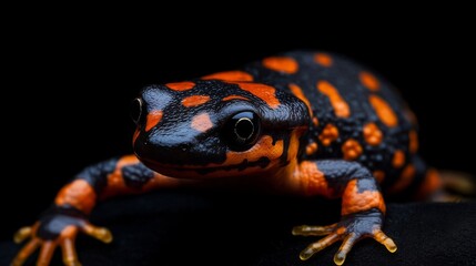 Fototapeta premium Close Up of a Black and Orange Spotted Amphibian on Dark Background