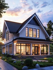 Naklejka premium Dream Home Facade: A stunning, modern house stands amidst a lush landscape at dusk, illuminated with warm lights, offering an inviting glimpse of luxury living. 