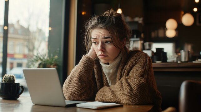 Worried user sitting in a cafe, glancing at a job rejection email. Featuring disappointment and uncertainty