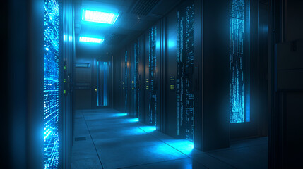 High-tech data center operations modern facility digital technology futuristic environment interior view cybersecurity concept