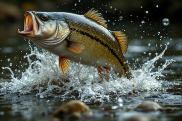 A largemouth bass leaping from the water with open mouth