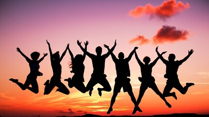 Obraz premium Silhouette friends enjoying jumping raising arms