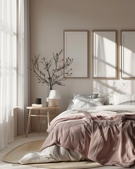 Modern Luxury Home Interior Bedroom Design with Mockup Frame , Wall Poster (3d Render)