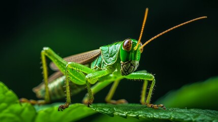Green Grasshopper Closeup On Leaf Dark Background