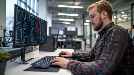 Coding in progress developer analyzing data office space digital workspace indoor environment close-up view technology insight