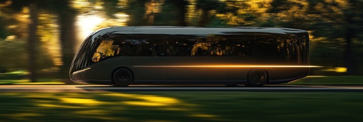 Gray luxury coach driving on the road, blurred background with trees and sunlight, banner for a travel company website, side view of the bus in motion blur effect, panoramic travel concept.