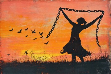 A man breaking chains with a sunrise background, a freedom concept stock photo banner. The man is free from prison, his arms raised as he breaks the chain, symbolizing trust and freedom.