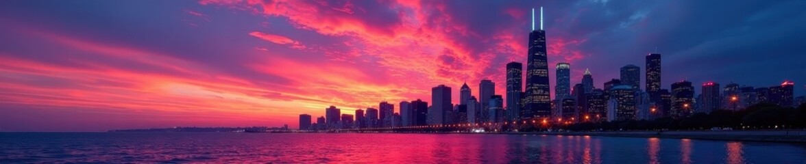 Dramatic Chicago cityscape at dusk, vibrant colors paint the sky, glass, vibrant, golden hour