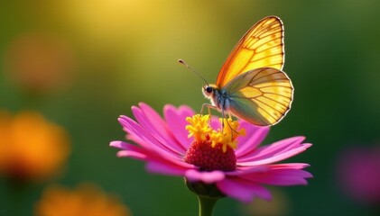 Delicate butterfly perched on vibrant wildflower, sunlight dappled wings, wildflower, orange, yellow