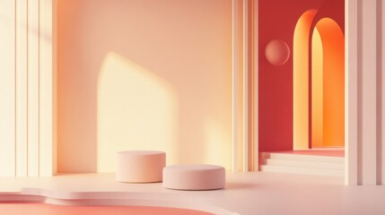 Minimalist Peach and Coral Room Interior with Archways