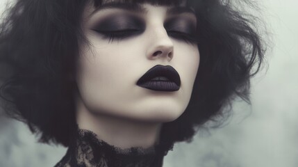 Fototapeta premium Mysterious Woman with Dramatic Makeup in Dark Colors and Ethereal Background