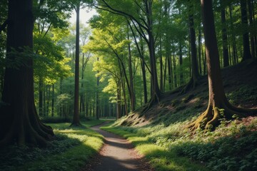 Fototapeta premium A sunlit path leads through a dense green forest landscape