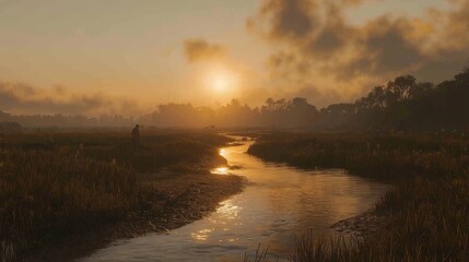 Fototapeta premium Serene Sunrise over Calming River in Lush Landscape with Golden Reflections and Gentle Mist on a Tranquil Morning