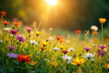 Golden sunlight illuminates diverse wildflowers, serene, delicate