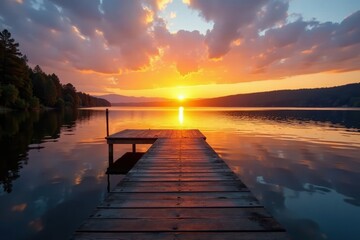 Obraz premium Golden sunset reflects on calm lake water, dock extends into view , outdoors, calm, reflection