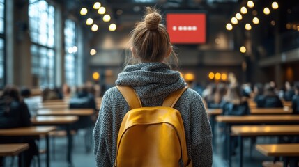 Student with Backpack in a University Cafeteria
