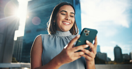 City, businesswoman and happy with cellphone for information, market research and real estate...