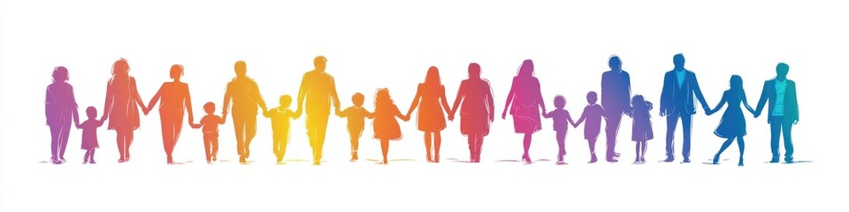 People with children, men and women standing together holding hands, isolated on a white background. Vector illustration.